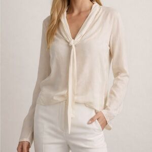 Alexis 100% Silk Neck Tie Blouse White Luxury Minimalist Office Career Top XS